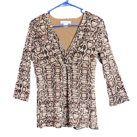Liz Claiborne Snake Print Blouse Womens Medium Brown V Neck Business Chic - Picture 2 of 8